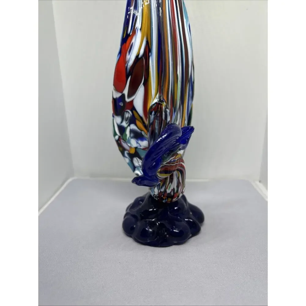 Vtg Murano Style Blown Blue Art Glass Rooster Colorful Bird 7" Figurine Nice - Picture 7 of 8